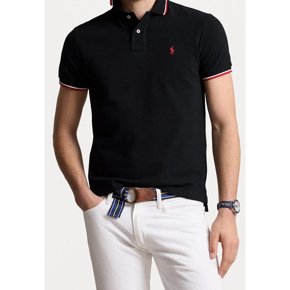 Polo Ralph Lauren Polo Shirt Mens 2LT Black Red Tipped Trim Cotton Pique Preppy